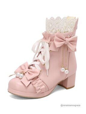 LUXMAX Women Lace Up Ankle Boots with Bow Kawaii Shoes Lolita Boots | Chunky